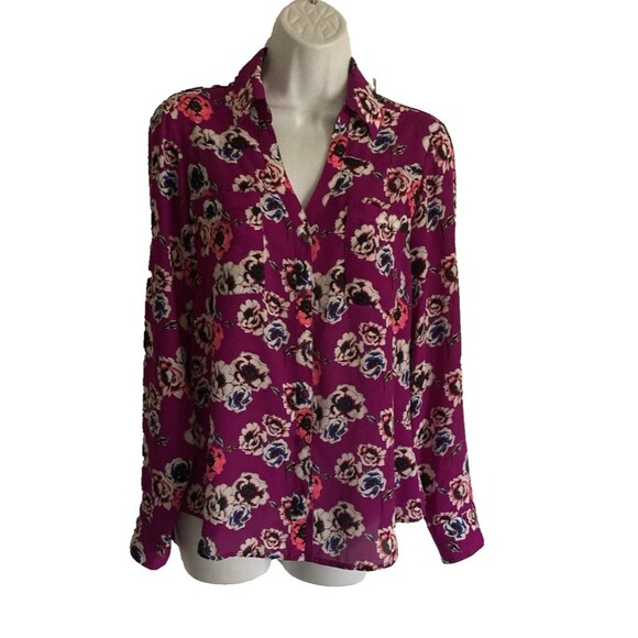 Express The Portofino Shirt Womens Sz Small Purple Floral Roll Tab Sleeve Mod - Picture 1 of 11